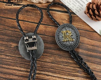 Personalized Leather Cowboy Necktie Initial,Leather Cord Woven,Custom Engraving Name Letter Tie,Southwestern Initial Bolo Ties,Gifts For Him