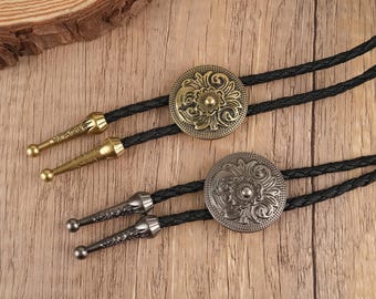 Western Vintage Bolokrawatte Massiv Satin Gold Anhänger Lederband Halskette Cowboy Shirt Kette Retro Rodeo Hochzeit Schmuck für Männer Frauen