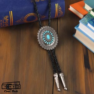 Handmade Turquoise Bolo Tie, Cowboy Necktie Mens Necklace, Unisex Bolo Tie, Groomsmen Asking Gifts,Gift for Him or Her,Leather Rope Bolo Tie