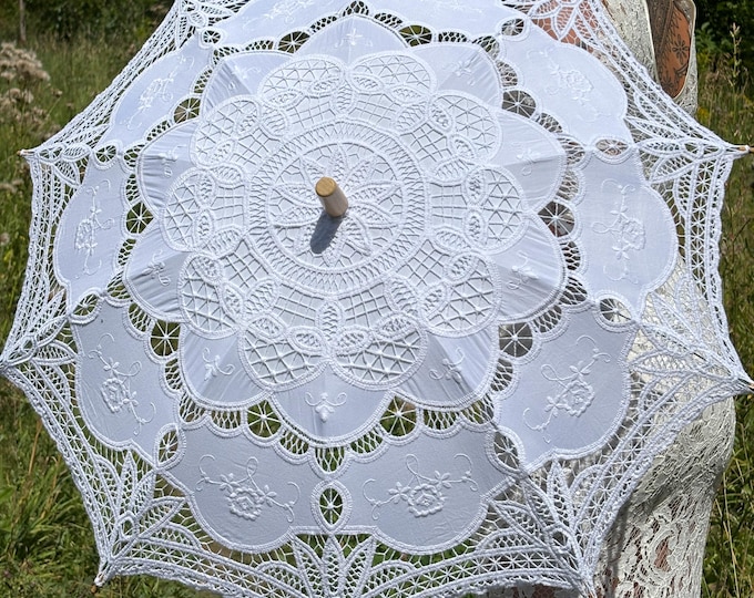 Handmade Battenburg Lace Parasol: Vintage Wedding Umbrella, Sun Protection Bridal gift, UV parasol