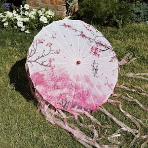 Pink parasol with ribbons, UV Parasol, Japanese parasol, Traditional Elegant Asian Parasol, Umbrella for Sun Protection, UV protection