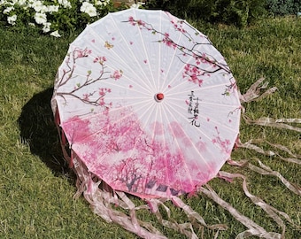 Pink UV Parasol with Ribbons: Elegant Asian Sun Umbrella