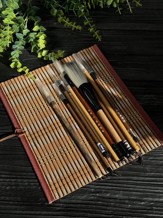 Handmade Calligraphy Brush Set, Sumi-e Painting, Bamboo Holder