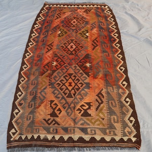 5.9x3.1 Afghan Ghalmoori Kilim Rug | Pre_2000s Handmade Wool Kilim | Red,Orange,Brown And Cream Tribal Geometric| Bohemian Hallway Kilim Rug