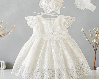 White Baby Baptism Dress with Bonnet
