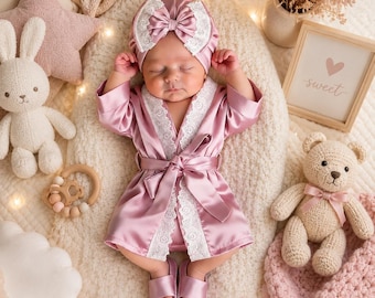 May include: A dusty rose satin baby robe featuring white lace trim along the collar and front, paired with a matching satin turban headwrap with a bow and white lace accents, and a pair of simple dusty rose satin slide sandals for an infant.