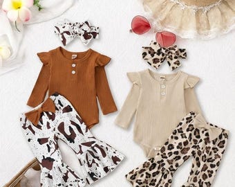 Westernoutfitset voor babymeisje, koeprint en bell bottom met luipaardprint, geribbelde onesie, babykleding herfstboetiek