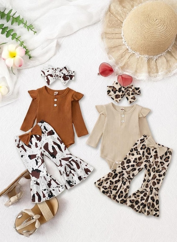 Baby Girl Western Outfit Set, Cow Print & Leopard Bell Bottoms, Ribbed Onesie, Fall Boutique Baby Clothes