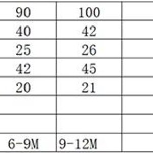 May include: A set of baby clothes, including a rust-colored long-sleeve top with buttons, a cream-colored top, and two pairs of patterned pants. The pants have a black and white cow print. The size chart shows measurements in inches and age ranges.