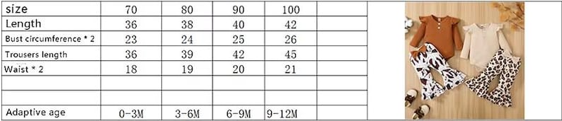 May include: A set of baby clothes, including a rust-colored long-sleeve top with buttons, a cream-colored top, and two pairs of patterned pants. The pants have a black and white cow print. The size chart shows measurements in inches and age ranges.