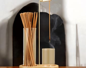 2-in-1 Incense Holder: Wood Base, Glass Ash Catcher & Stick Organizer
