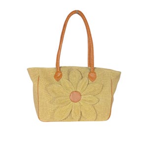 Handcrafted Jute Tote Bag: Vegan Leather Handle, Floral Detail