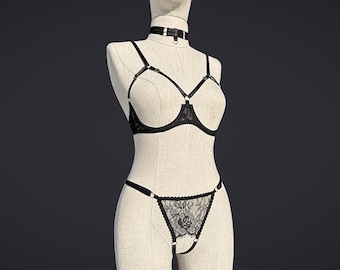 Crotchless cupless black lingerie, uncensored open cup lingerie, open crotch cupless bra lingerie, crotchless extreme bikini panties