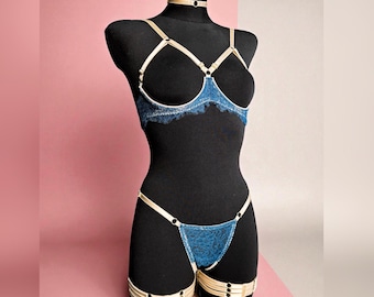 Crotchless cupless blue lingerie, uncensored open cup lingerie, open crotch cupless bra lingerie, crotchless extreme bikini panties