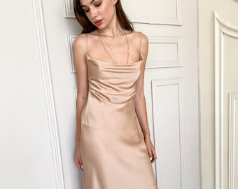 Wedding guest beige dress, silk modest bridesmaid cocktail sundress, backless homecoming summer dress