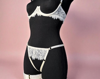 Crotchless cupless white lingerie, uncensored open cup lingerie, open crotch cupless bra lingerie, crotchless extreme bikini panties