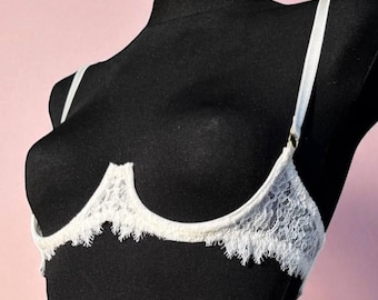 Shelf open cup white lace bra, cupless lingerie open bra, open cup custom lingerie, erotic hot lingerie, quarter cup bra