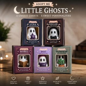 May include: Five collectible ghost figurines in individual boxes labelled Adopt Me Little Ghosts. Each box features a unique character: Luna with a star, Edgar with a gaming controller, Mabel with a book, Boo with a pillow, and Pumpkin with a plant.