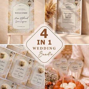 Bougainvillea Nikkah Wedding Bundle 4-in-1 Set, Sepia Arch Nikah Nama, Welcome Board, Favor Cards, Toppers, Muslim Wedding