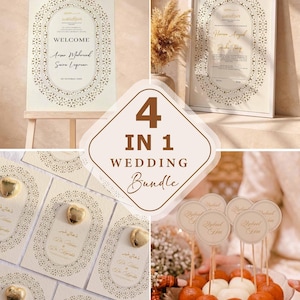 Oval Gold Clover Nikkah Wedding Bundle 4-in-1 Set, Elegant Scrollwork Nikah Nama, Welcome Board, Favor Cards, Muslim Wedding