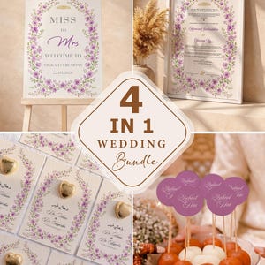 Purple Floral Wreath Nikkah Wedding Bundle 4-in-1 Set, Lavender Watercolor Nikah Nama, Welcome Board, Favor Cards, Muslim Wedding