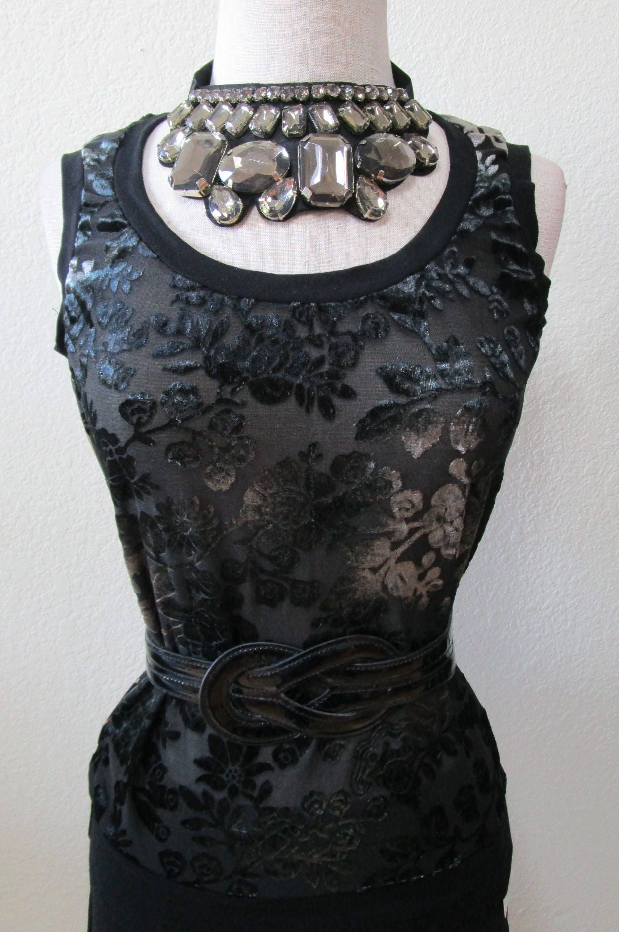 Black velvet floral burnout tank top with leopard print on the back  plus made in USA (v93)