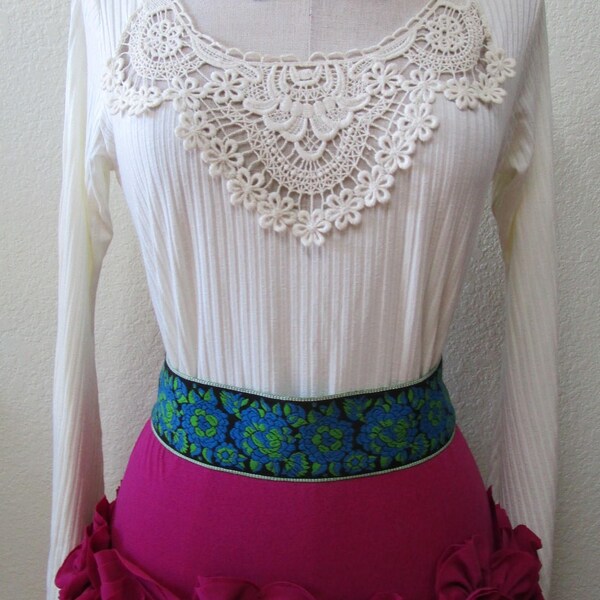 Cream color long bell sleeves top with crochet floral decoration in front center plus made in USA (vn72)