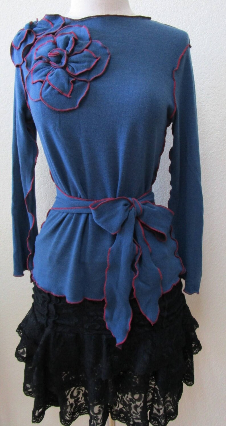 Blue color tunic top with 2 roses decoration in the front top with optional belt plus made in U.S.A v123 image 1
