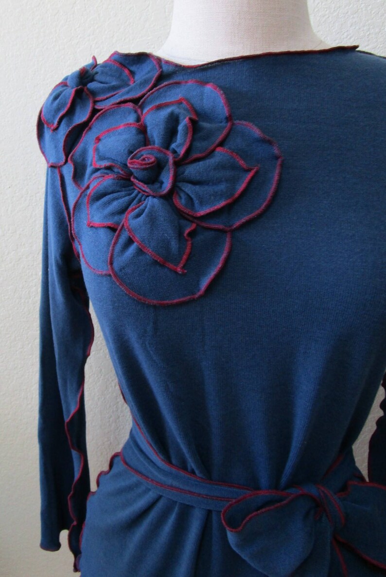 Blue color tunic top with 2 roses decoration in the front top with optional belt plus made in U.S.A v123 image 2