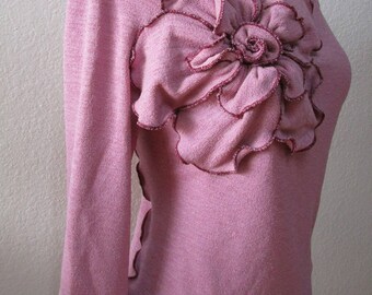 Romantic Chic Pink Rose Detail Top with 3/4 sleeves plus made in USA (V178)