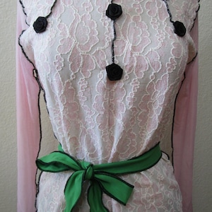 Cream and pink color stretching lace top with rose decoration and mesh sleeves plus made in USA  (V156)
