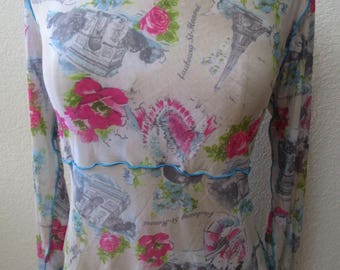 Paris print mesh top with long sleeves and plus made in USA (V174)