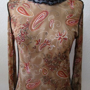 Paisley print brown color turtleneck long sleeves see through top plus made in USA (vn85)