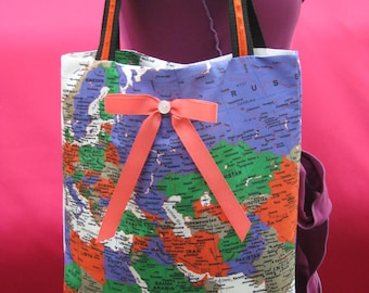 world map handbag shoulder bag, diaper bag with peach bow decoration in front side plus made in USA