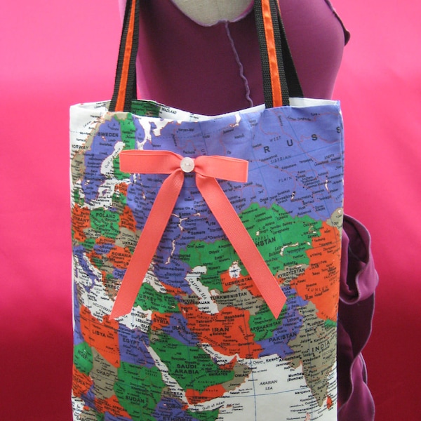 world map handbag shoulder bag, diaper bag with peach bow decoration in front side plus made in USA