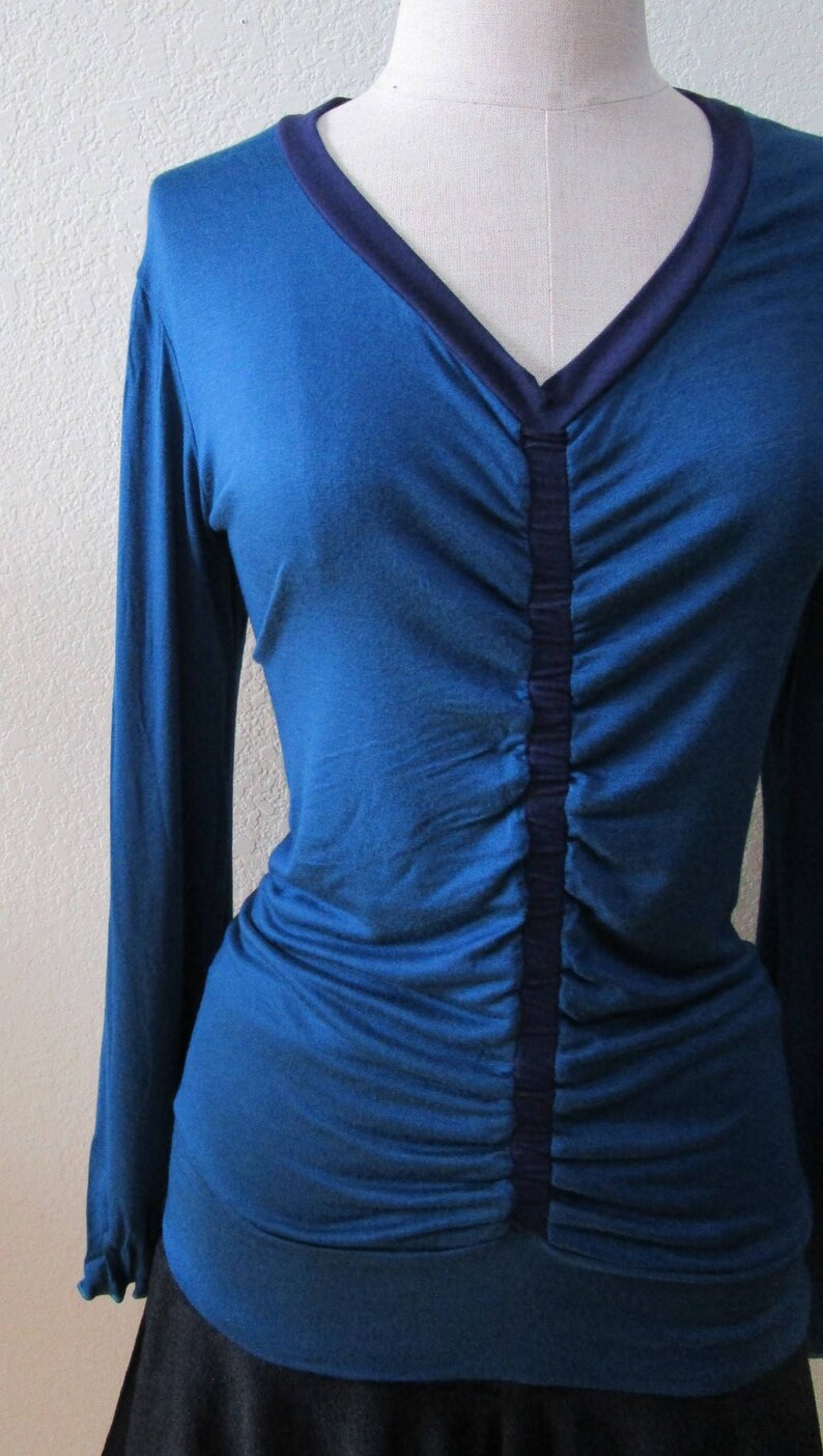 royal blue v-neck top with gathered design plus made in USA V176 image 3