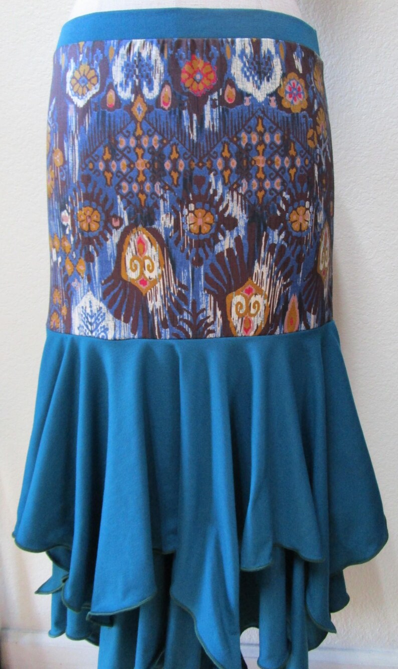 Blue turquoise color and mix pattern print with brown, blue, and cinnaon colors long length skirt or tube dressvn108 image 1