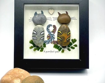 Handmade Cat Couple Pebble Art – Personalised Framed Picture