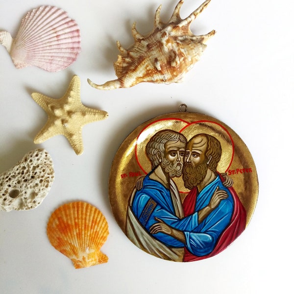 Peter and Paul the Apostles, small handpainted icon, round icon orthodox style - 4 1/3 inches