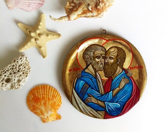 Peter and Paul the Apostles, small handpainted icon, round icon orthodox style - 4 1/3 inches