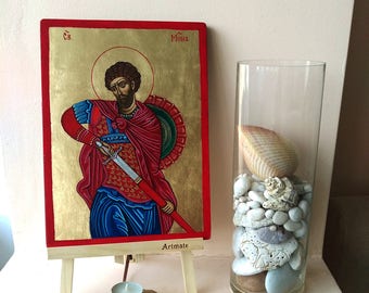 Saint Martyr Mina of Egypt icon, St. Menas The Wonder Worker, original icon on wood, 8x10 inches,MADE TO ORDER