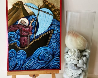 Saint Brendan handpainted icon original, 8 by 12 inches, Nautical Irish Painting