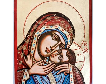 Orthodox Icon Madonna with Christ, handpainted icon of Virgin Mary and Baby Jesus 6 by 8 inches - READY TO SHIP