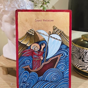 Saint Brendan handpainted icon original, 8 by 11. 1/2 inches, Nautical Irish Painting