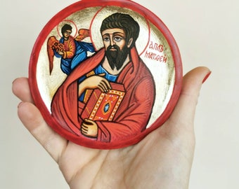 Saint Matthew handpainted icon, Orthodox Christian style- 4 1/2 inches