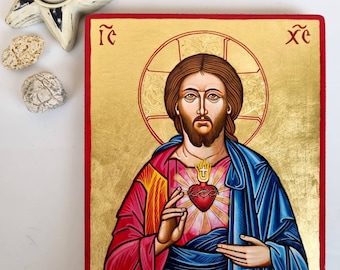 Sacred Heart Christ, large icon on wood,  8x10 inches