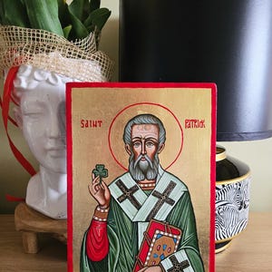 Saint Patrick with shamrock, hand painted icon original, 10x12 inches Made to order