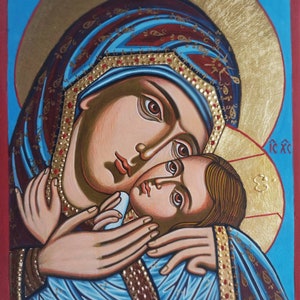 Madonna with Christ Eleusa, handpainted icon of Virgin Mary and Baby Jesus 12 by 9 1/2 inches - READY TO SHIP