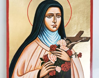St. Therese of Roses, St Therese of Lisieux icon, custom handpainted icon, 8 by 6 inches, Made to order