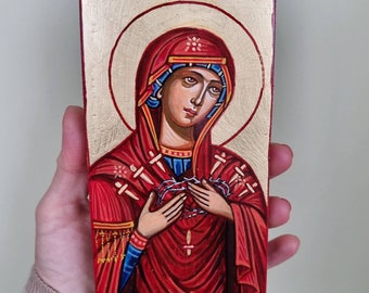 Our Lady of Sorrows Madonna, Virign Mary wth Seven Swords - handpainted orthodox  icon 3  1/2 by 7  1/2 inches - Ready to Ship